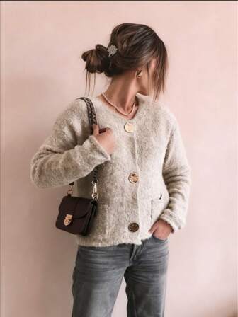 2025 Fall/Winter Women's Fashion Casual Commuter Versatile Solid Color Special Shape Metal Button Pocket Long Sleeve Lace Knit Cardigan Women's Round Neck Drop Shoulder Fitted Knit Cardigan Party Sweater Autumn Women's Country Music Concert Outfit Brunch