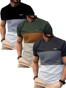3pcs Patchwork Seagull Print Short Sleeve Crew Neck T-Shirt For Men, Casual Summer Men's Breathable Moisture-Wicking Tee, Men's Gift - Multicolor - View 1