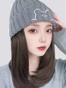 合成假发帽，一体式可爱小熊针织假发帽 - 女士合成纤维假发帽，中长直发，灰黑色 - 彩色 - 查看 10