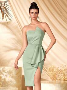 ADYCE Vestido elegante para festa com top tubular, pregas, babados irregulares, fenda alta, costas abertas, para baile de formatura, casamento, festa, encontro, festa de coquetel, aniversário, festival, festa familiar