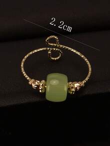 精致奢华的绿色玉珠开口戒指，简约高端小众设计指环饰品 - 綠色 - 查看 5