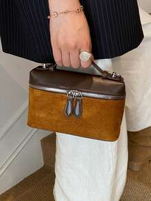 1pc Minimalist & Fashionable Small Square Bag, Faux Suede Retro Style, Suitable For Girls, Women, College Students, Female Office Workers, Great For Work, Business, Commuting, School And Other Occasions - Brown - View 5