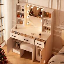 Modern Dressing Table Vanity Desk With LED Lighted Mirror, Stool, Drawers, Cabinet, Open Multi-Level Shelves, 3 Color Brightness Adjustable, Makeup Vanity Desk Set LED Mirror For Girls Bedroom - Christmas Holiday Gift, Thanksgiving Gift - White - View 1