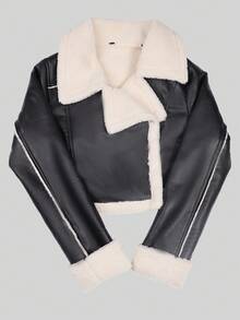 Apperloth A 街头风翻领拉链泰迪绒内衬PU皮短款摩托车夹克，时尚音乐节