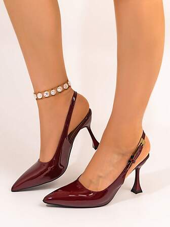 Spetsig tå, enfärgade tunnklackade sandaler, kvinnors nya PU-lackerade stängda tå, mångsidiga gummihöga klackar, sommar