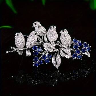 Temperament Exquisite Chinese Style Bird Branch Copper Brooch Pin Inlaid Shiny Zirconia Wedding Dress Accessories For Brides And Bridesmaids