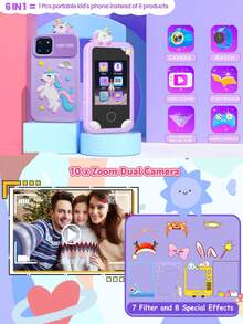 1 件升级版儿童智能手机，男女童皆宜，适合 3-10 岁儿童的圣诞礼物，触摸屏幼儿手机玩具，触摸屏互动，带全息金字塔，儿童音乐播放器，角色扮演玩具，儿童玩具手机，幼儿学习玩具 - 彩色 - 查看 6