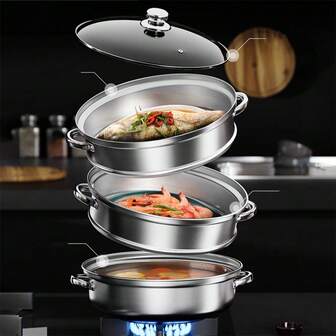 1pc Stainless Steel Steamer Pot With Lid, Universal Design Suitable For Induction Cooktop, Gas Stove And Electric Stove, Kitchen Utensil, Kitchen Tool, Kitchen Accessory, Household Kitchen Item