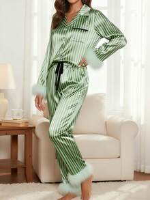 Women's 2 Piece Satin Lounge Set Long Sleeve Lapel Stripe Print Shirt Pants Sleepwear - 綠色 - 查看 1