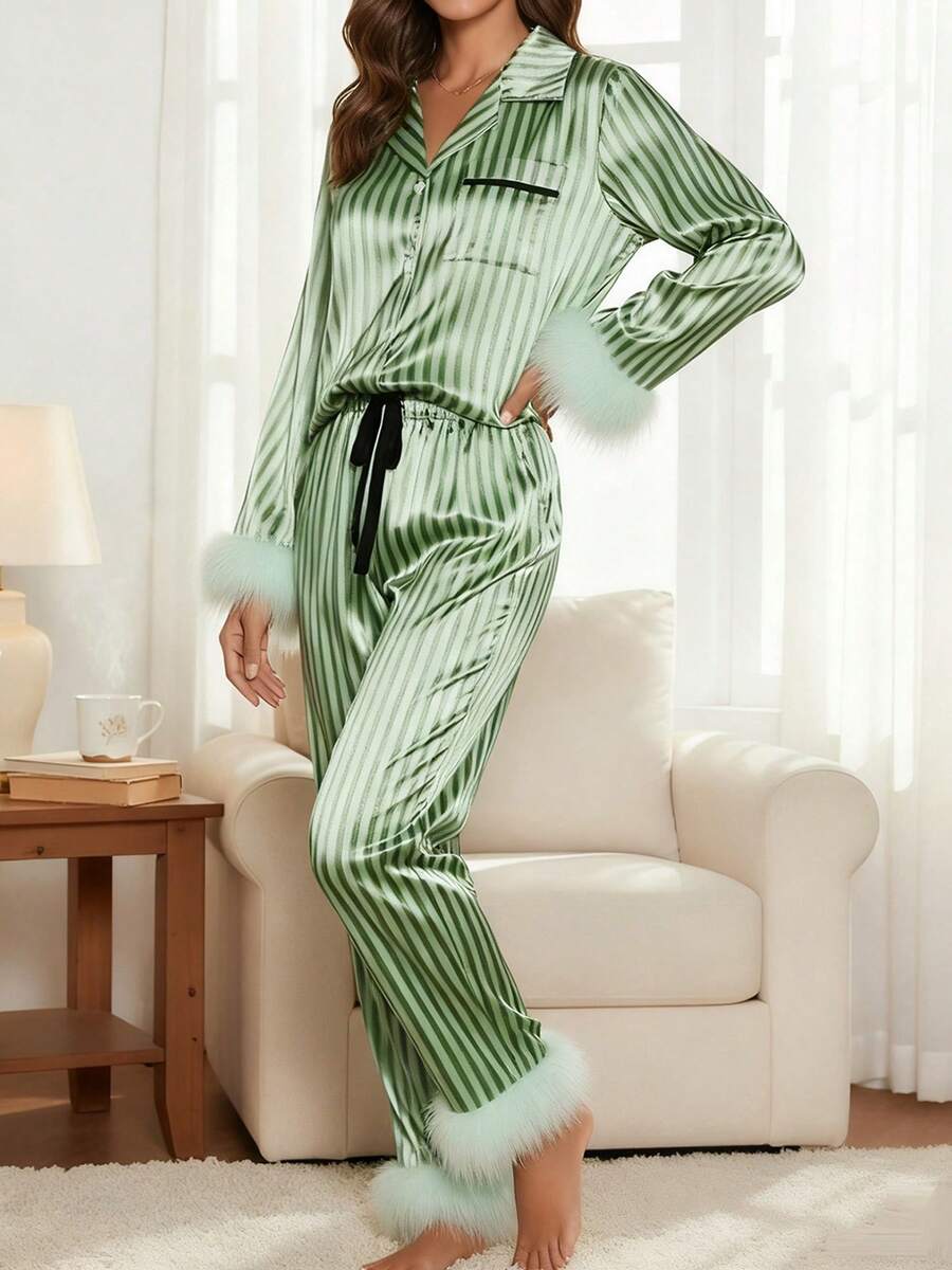 Women's 2 Piece Satin Lounge Set Long Sleeve Lapel Stripe Print Shirt Pants Sleepwear - 綠色 - 查看 1