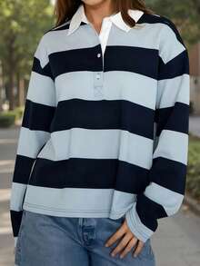 Women Striped Polo Rugby Shirts Y2k Long Sleeve Button Down Oversized Preppy Sweatshirt Vintage Collared Pullover Top - Blue - View 6