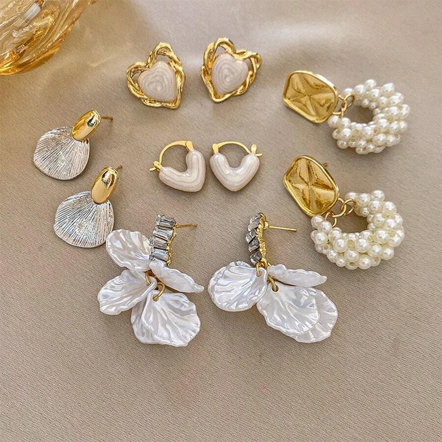 Andkiss 5对优雅水晶花瓣和油滴心形吊坠耳环套装 - 白色 - 查看 1