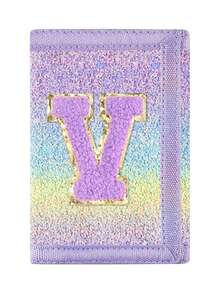 1pc Letter Embroidered Wallet, Ombre Glitter Sequin Wallet, Canvas Folding Coin Purse, Durable Polyester Material With Zipper Pocket, Hook And Loop Closure, Suitable For Daily Use And Christmas Gift - Multicolor - View 31
