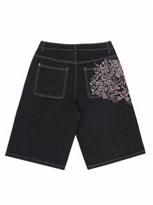 Men Six-Point Shorts Retro Cherry Blossom Embroidered Loose Wide-Leg Denim Jeans With Fake Pockets In Back - Black - View 6