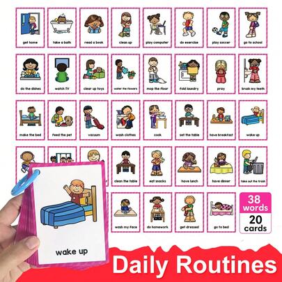 Lachilly My Daily Routine English Learning Flash Cards 20 Cards For Visual Aid Special Ed, Early Educational Toy, Speech Delay Non Verbal Children With Autism Special Needs, Activity Flashcards, English Learning Card, Develop Child Habits Daily Task Planning Board Kids Time Management ﻿