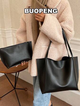 Minimalist Shoulder Tote Bag With Inner Pouch Black Vintage Tote Bag Large Capacity Solid Color Shoulder Bag With Insert Pouch,School Bag,Large Capacity,Portable,Classic Casual,Business Casual,For Teen Girls Women College Students,White-Collar Workers,Perfect For Work,Back To School,Middle School,High School,College,Vacation, New Fashionable Big Bags For Women