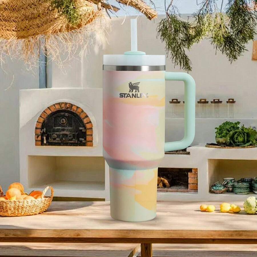 Compatible With Stanley 40 Oz H2.0 Tumbler With Handle, Double Walled Vacuum Insulated Stainless Steel Water Bottle Premium Summer Drinkware Portable Handy Flask Travel Mug Iced Coffee Cup For Outdoor Camping, Hiking, Driving, Travel, Perfect Gift Idea - Hồng - Xem 1