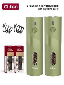 CLITON 2pcs Electric Salt And Pepper Grinder Set - Automatic Salt And Pepper Grinder Set, Rechargeable - Electronic Salt And Pepper Shakers With LED Light, Electric Pepper Mill And Salt Grinder, One-Handed Operation, Automatic Grinder With Charging Base And LED Light