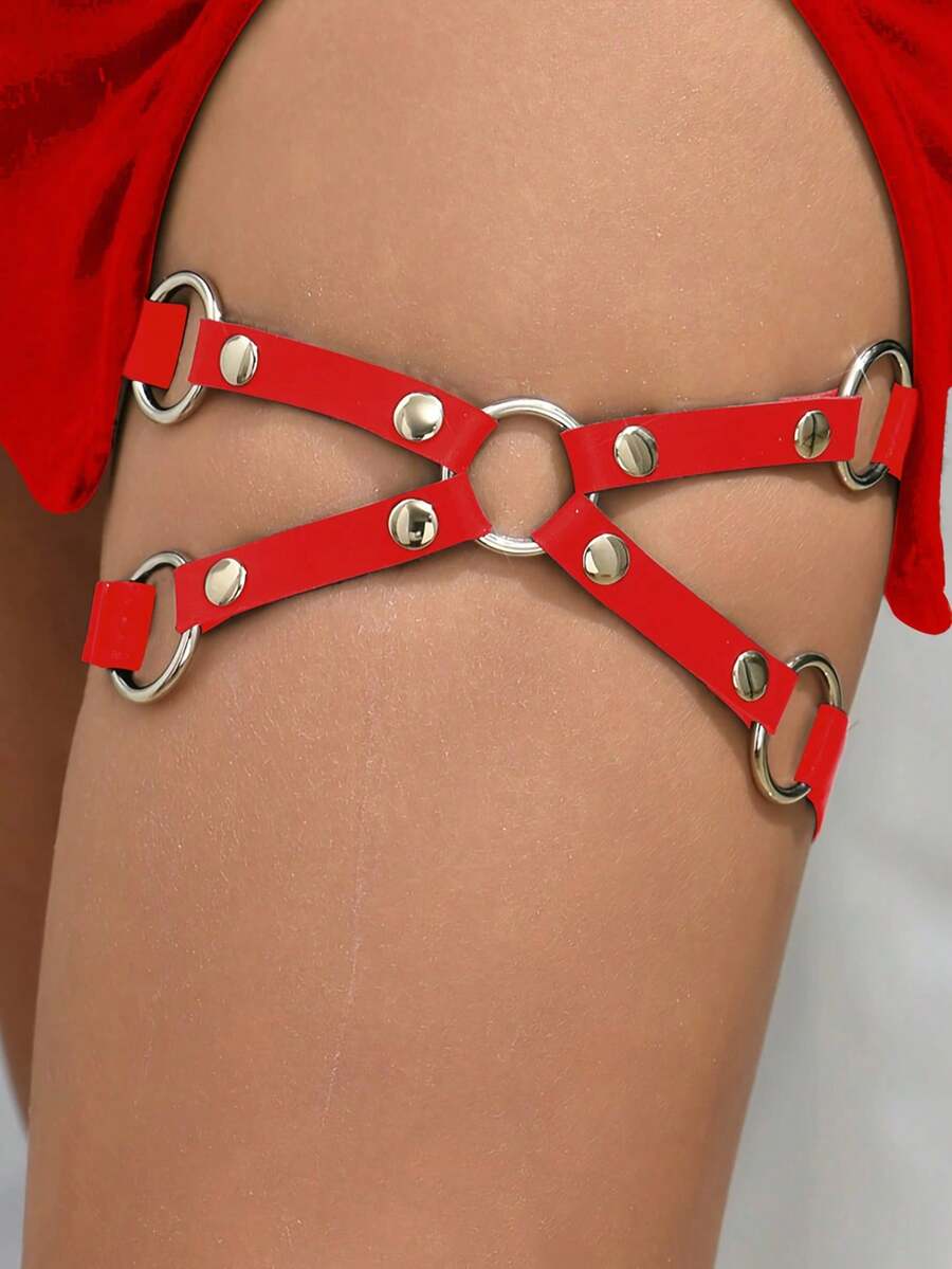 1pc Sexy Rock Round Ring Loop Elastic X Shape Leather Belt Leg Accessories Girl Women Harness Goth Red Gothic Punk Thigh Garter - Red - View 1