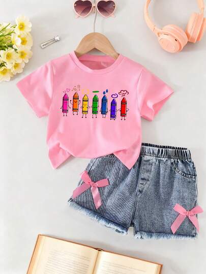 Toddler Girls' Letter Print Short Sleeve Top And Denim Shorts Set