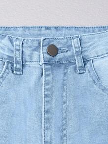 Y2K Streetwear High Waist Elastic Solid Color Fitted Cargo Jeans With Slant Pockets, Casual Versatile For Daily Wear Spring - Blue and White - View 9