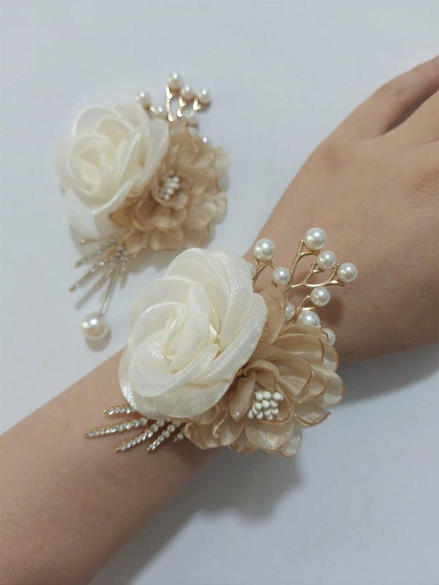 1 pieza Broche de flor de camelia color champán + 1 pieza Corsage de muñeca con cuentas de camelia beige y decoración de hojas, para novia, dama de honor, fiesta de boda, baile de graduación, accesorio diario, decoración floral romántica, accesorio de broche para el Día de San Valentín - Champán y beige - Ver 1