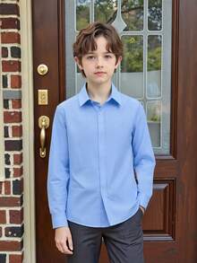 5-14岁男童经典基础款长袖衬衫，柔软绅士制服风格衬衫，适合返校、正式场合、派对、生日、晚宴 | 男童衬衫、男童制服衬衫、男童白衬衫、儿童上衣、男童长袖衬衫、校服、正装、返校校服 - 淺藍色 - 查看 19