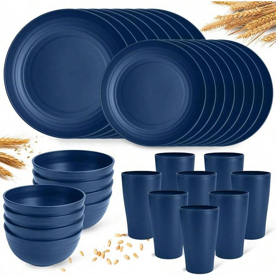 Plastic Plates And Bowls Sets, Dishwasher And Microwave , Reusable, Lightweight Unbreakable Dinnerware Sets 8, 32 Pcs - Kitchen, Camping, Outdoor, RV - Wheat Straw Look - 深藍色 - 查看 1