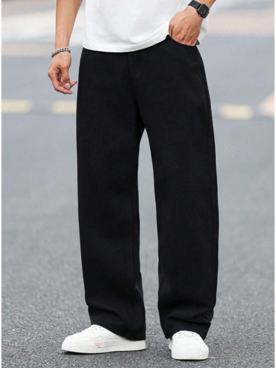 Nuevo 2025, pantalones vaqueros negros de tubo para hombres de alta calidad, cintura media, vertical para el ocio relajado, versión comercial de cercanías, primavera, verano, otoño e invierno - Negro - Ver 1