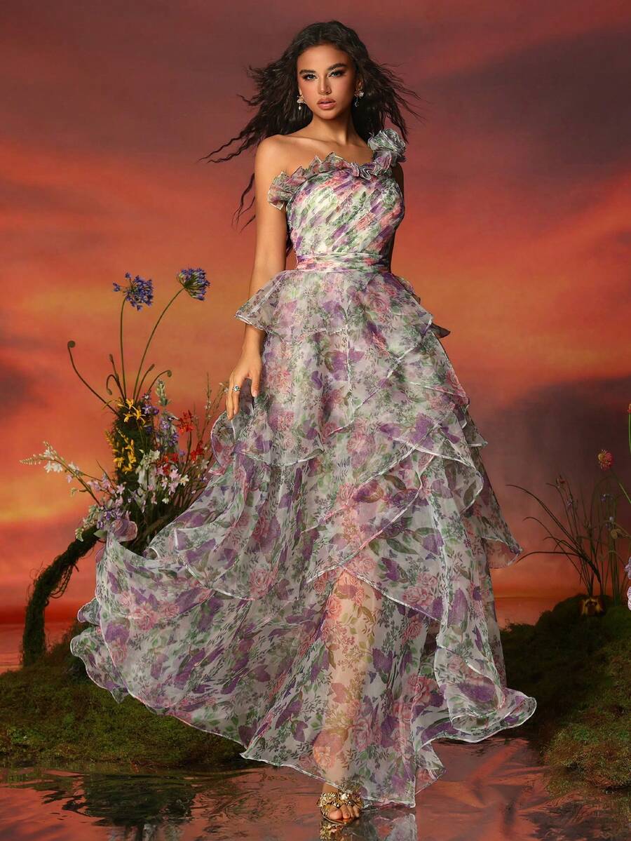 VIPGIRL Váy Maxi dài một vai xếp nếp họa tiết hoa cho tiệc/tiệc/kỳ nghỉ mùa hè dành cho nữ - Màu tím hoa cà - Xem 1