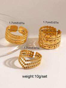 3pcs 18K Gold Plated Stainless Steel Elegant Geometric Bead & Line V-Shaped Adjustable Ring Set, Suitable For Women's Daily, Festival, Party, Date, Gift, Vintage High-End Ring Set