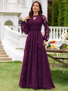 MIUSOL Spitze Schlüsselloch Ausschnitt Laternenärmel Rüschenkragen Formelles Abendkleid, Hochzeitsgast Kleid, Abendkleid, Ballkleid