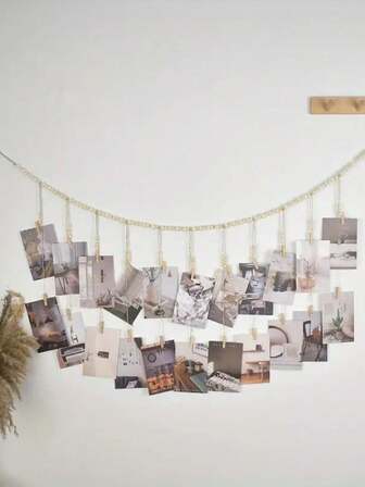 1pc Hanging Photo Frame With 18 Clips, Boho Wood Bead Decor Hanging Frame Clip For Dorm, Classroom, Bedroom, Home Room Office Decoration, For Christmas Valentine's Day New Year Decor, 110cm/43.3in