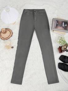 Apperloth A High Waist Warm Lining PU Leather Skinny 7/8 Pants, Punk Music Festival - Dark Grey - View 6