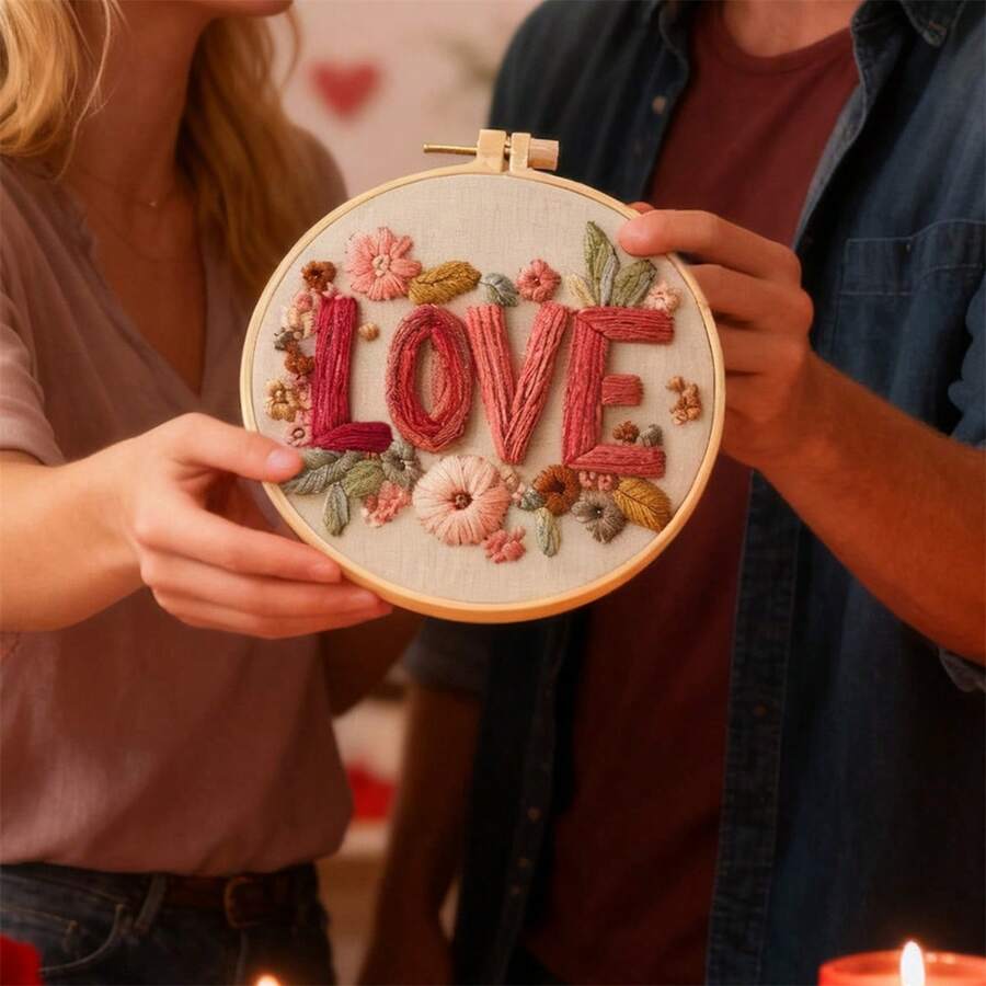 Kit de iniciación al bordado para el Día de San Valentín: Letras, flores, puntada a mano. Set de aprendizaje de manualidades. Regalo. - Blanco - Ver 1
