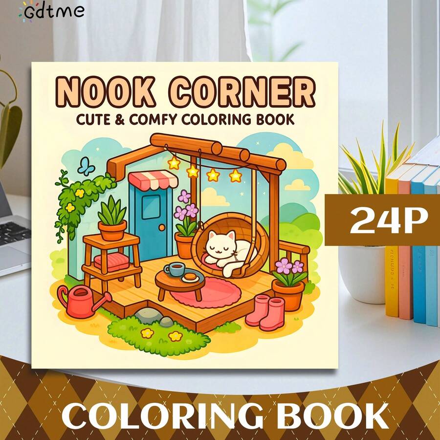 GDTME NOOK Cozy Coloring Book: Warm Porch, Sleeping Cats, Potted Plants, String Lights, Tea Time Patterns, Create Cozy Home Scenes, Suitable For Kids And Adults, Great For Easter, Mother's Day, Father's Day, Back To School, Birthday Parties, Weddings, Perfect Gift. Artistic And Handmade Decor For Rooms, Bedrooms, Cozy Spaces, Coloring.