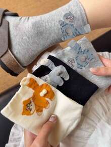 3 Pairs Women's Cat & Cartoon Design Mid-Calf Socks, Fall Socks - Multicolor - View 2