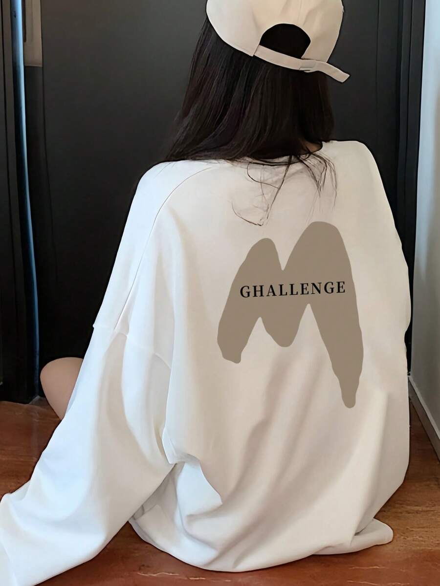 Áo thun dài tay dáng rộng in chữ và hoạt hình dành cho nữ, đa năng cho mùa xuân và mùa thu, màu trắng thường ngày. - trắng - Xem 1