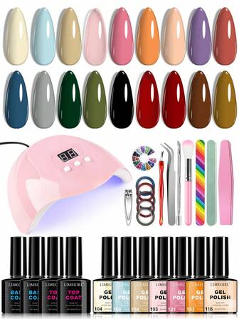  Limegirl Multifunktions-Gel-Maniküre-Set - 18 leuchtende Farben, inklusive UV/LED-Lampe, 4 Basis-/Topfcoats & Nagel-Tools, abnehmbares UV/LED-Gel-Lack-Set, Geschenk für Frauen & Mädchen, Salon-Qualität Maniküre zu Hause