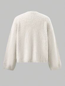 Ladies Solid Crew Neck Fuzzy Knit Sweater, Fall Winter Loose Cozy Top - White - View 8