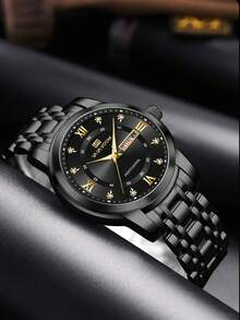 VA VA VOOM 1Pc Men Quartz Watch 41mm Classic Luxury Diamond Calendar Clock Green & Blue & Gold & Silver & Black Stainless Steel Original Week Quartz Movement 3Bar Business Style Gorgeous Couple Watch For Men - Black - View 4