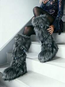 Women's Winter Furry Snow Boots Fuzzy Fluffy Round Toe Suede Booties Flat Heel Slip On Outdoor Indoor Shoes Fashion Warm Fluffy Shoes - 綁帶灰色 - 查看 1