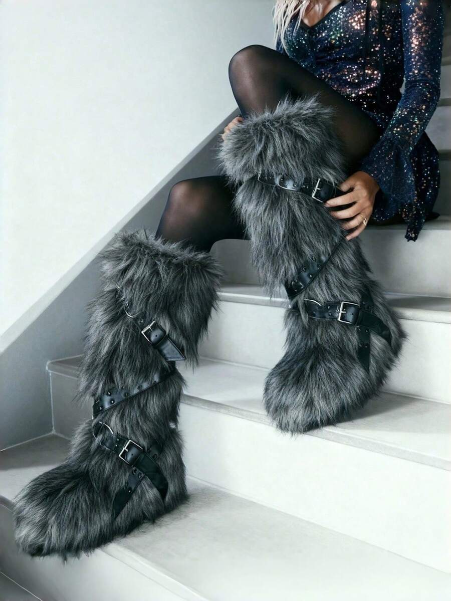 Women's Winter Furry Snow Boots Fuzzy Fluffy Round Toe Suede Booties Flat Heel Slip On Outdoor Indoor Shoes Fashion Warm Fluffy Shoes - 綁帶灰色 - 查看 1