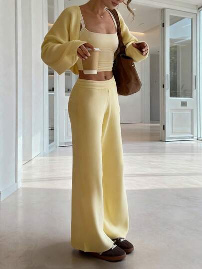 Conjunto de 2 piezas de punto color crema amarillento MORI, pantalón y top, look minimalista elegante, apto para uso diario, ir al trabajo y ocasiones como Año Nuevo, primavera/otoño