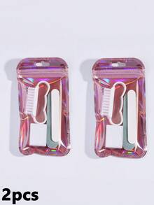 一套美甲修脚套装 - 独立包装，5合1全套指甲清洁护理工具，包含迷你指甲锉、指甲抛光块、指甲抛光器、指甲刷和角质层推 | 便携式指甲护理套装，适用于美甲沙龙、家庭、美甲店 - 粉色全息包装 - 彩色 - 查看 15