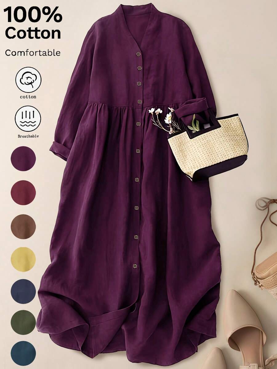 Women's V-Neck Open Front Casual Loose Plus Size Dress, Elegant Autumn/Spring