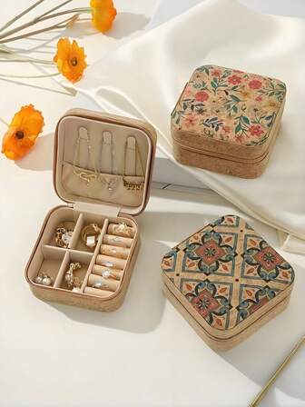 Vintage Blumen Mini Schmuckkasten - PU Leder Reise Organizer mit Reißverschluss, Tisch-Accessoire Halter, tragbarer staubdichter Behälter, ideal als Weihnachts-/Halloween-Geschenk