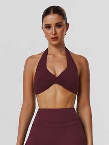 Sodalemon Women's Twist Back Workout Top, V-Neck Padded Solid Color Yoga Casual Sports Bra Spring - 紫色 - 查看 3