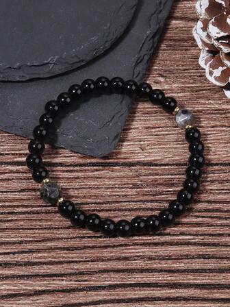 YAUKIA 1pc 6mm Black Agate, Faceted Black Labradorite Stone Beaded Bracelet,Minimalist Fashion Outfit Accessories For Men And Women