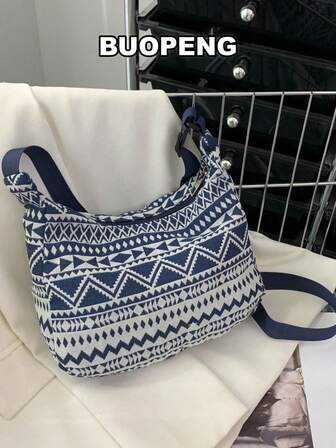 Casual Retro Color Block Jacquard Tote Bag, Large Capacity Shoulder Bag